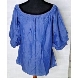 Scully Woman Blue Chambray Ruffle Sleeve Off The Shoulder‎ Mini Dress Size XL